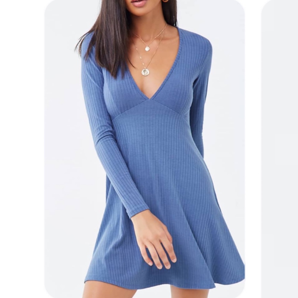 Long Sleeve V-Neck Ribbed Skater Dress